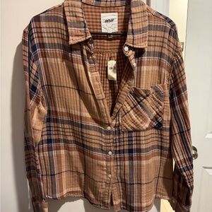 aerie Tan and Navy Plaid Flannel Shirt